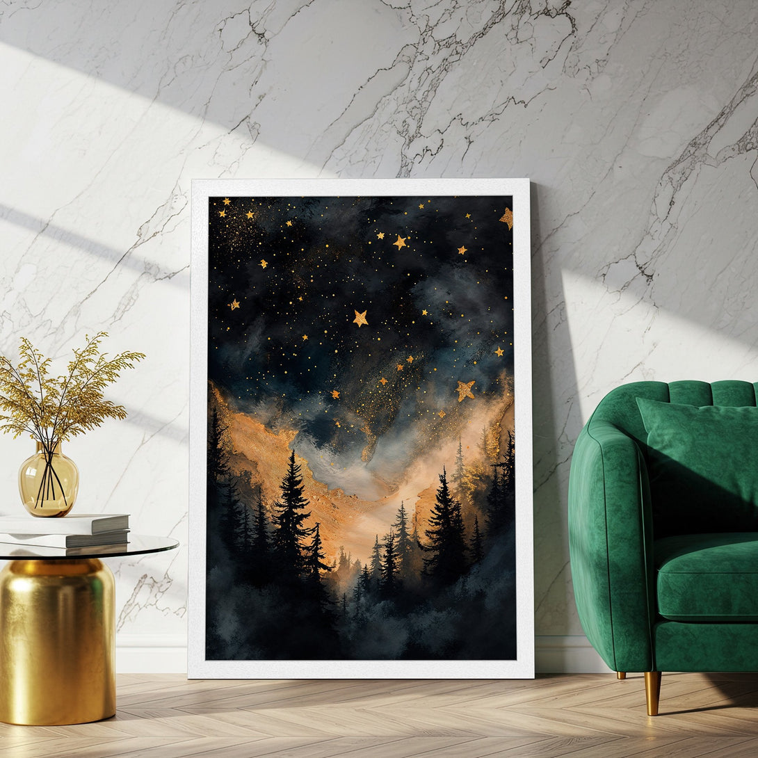 Framed Poster featuring a starry night forest scene in a watercolor style with a dark, gold, and teal color palette.