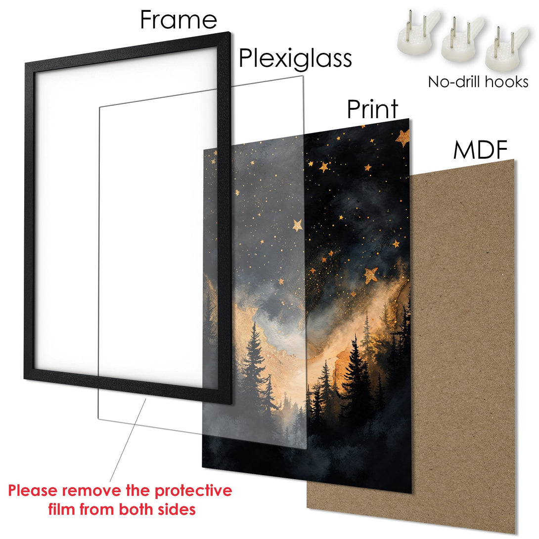 Framed Poster featuring a starry night forest scene in black, gold, and gray. Perfect wall art for any room!