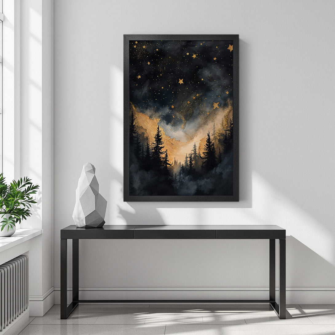 Framed Poster featuring a dreamy forest scene with a dark, starry sky and gold accents. Perfect wall art for a cozy, elegant space.