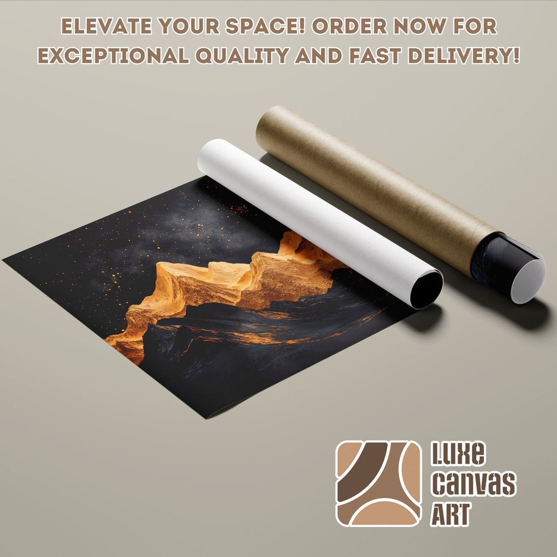 Abstract landscape Poster Roll in dark, gold, and black color palette. Elevate your space!