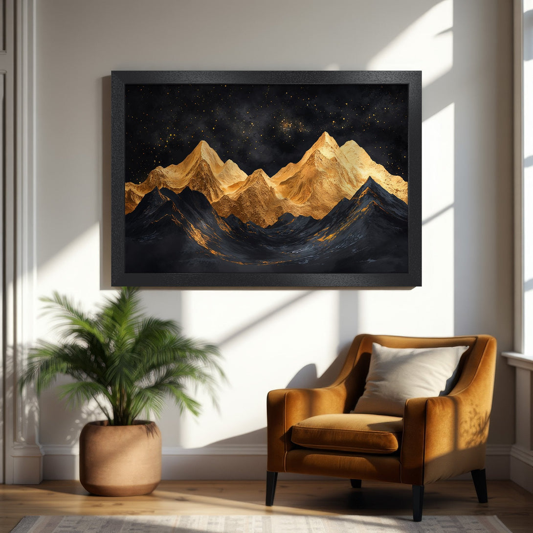Framed Poster featuring golden mountains against a starry night. Modern art style, with a black and gold color palette. Perfect wall decor.