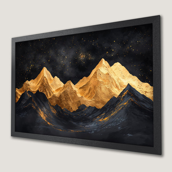 Framed Poster featuring golden mountains against a starry night sky. Modern art style with a dark, elegant color palette.
