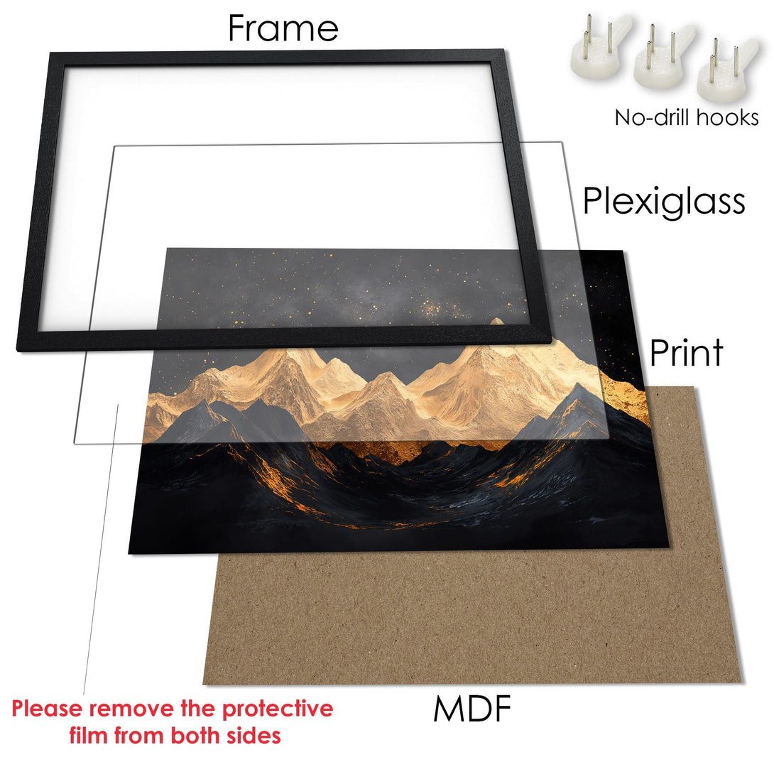 Framed Poster of majestic mountains, artistic style with gold and dark color palette. Elevate your space with this stunning Poster.