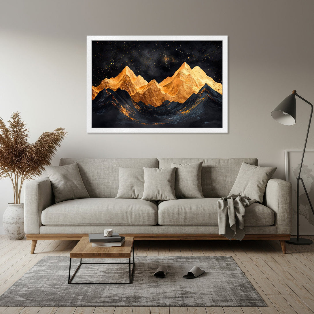 Framed Poster featuring golden mountains against a starry night sky. Modern art print with a black, gold, and neutral color palette. Perfect home decor.