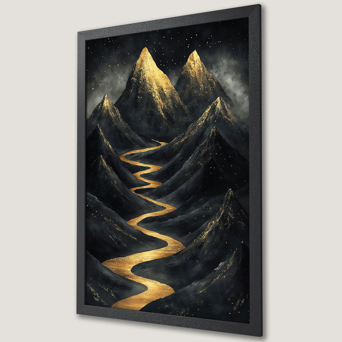 Framed Poster featuring a majestic mountain landscape with a golden river, in a dark and gold color palette. Perfect wall art!