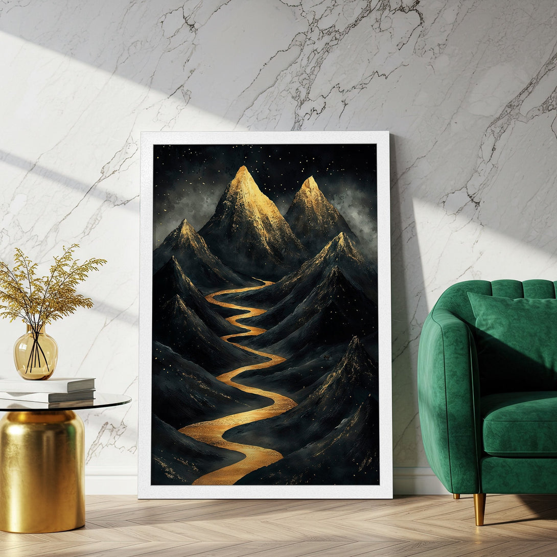 Framed Poster featuring a stunning mountain landscape with gold accents. Artistic style, dark & gold color palette, perfect wall art for any room.