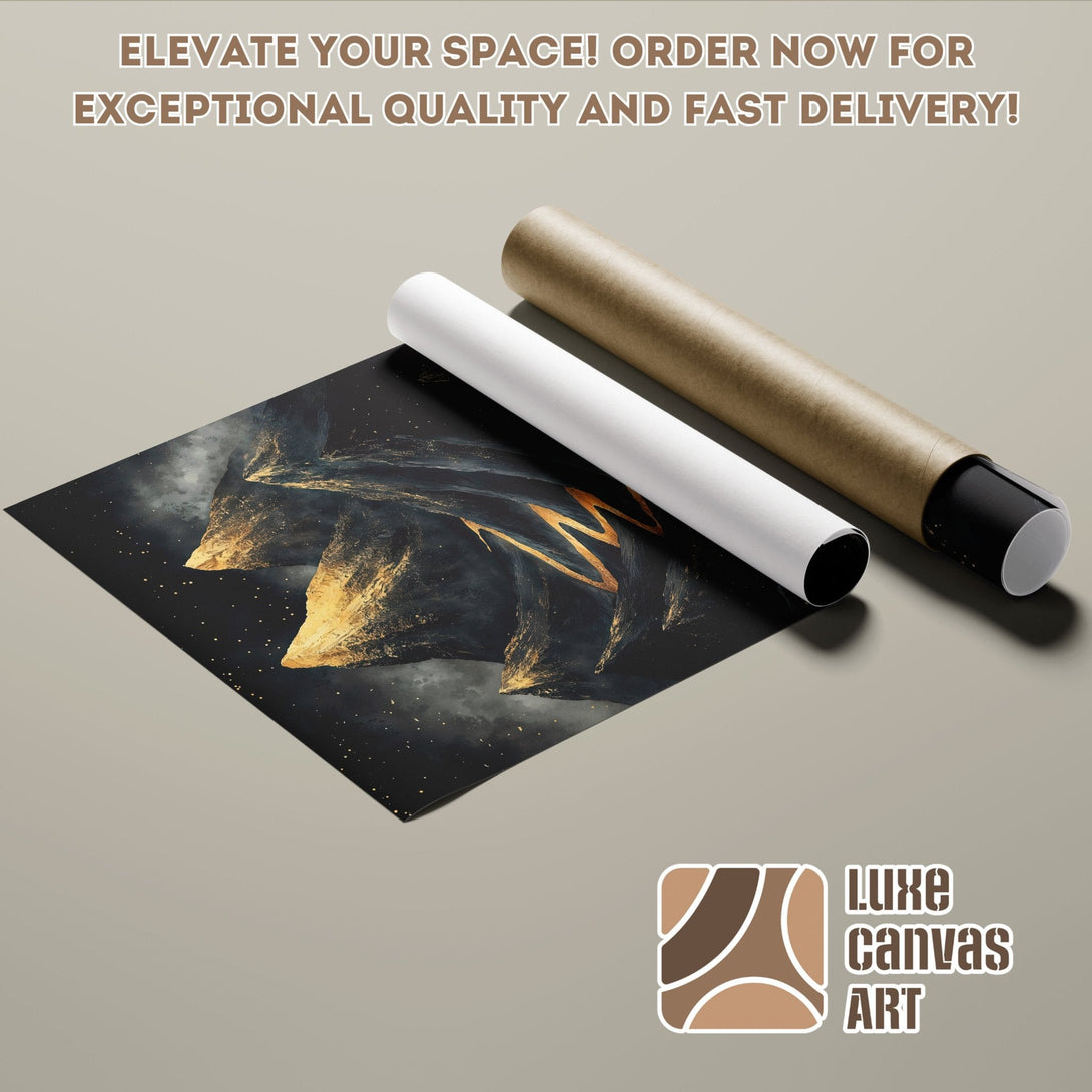 Abstract art Poster Roll with gold accents, dark and neutral color palette. Elevate your space!