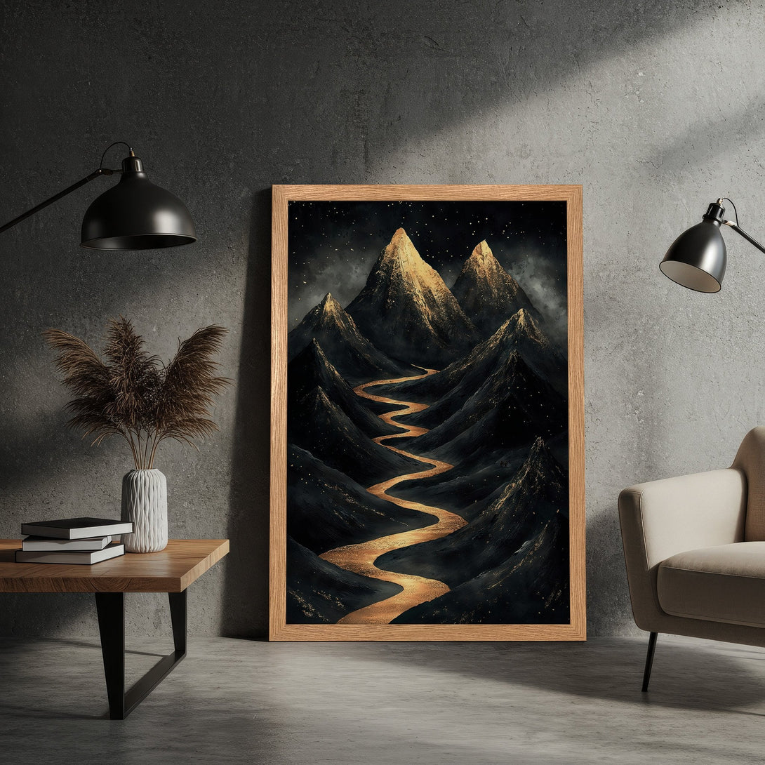 Framed Poster of a mountain landscape in a dark, artistic style with a gold and black color palette.