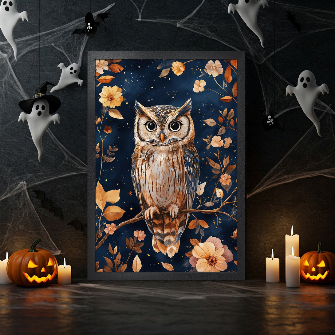 Framed Poster featuring an owl on a branch, watercolor style, with a dark blue and gold color palette, perfect for Halloween decor.