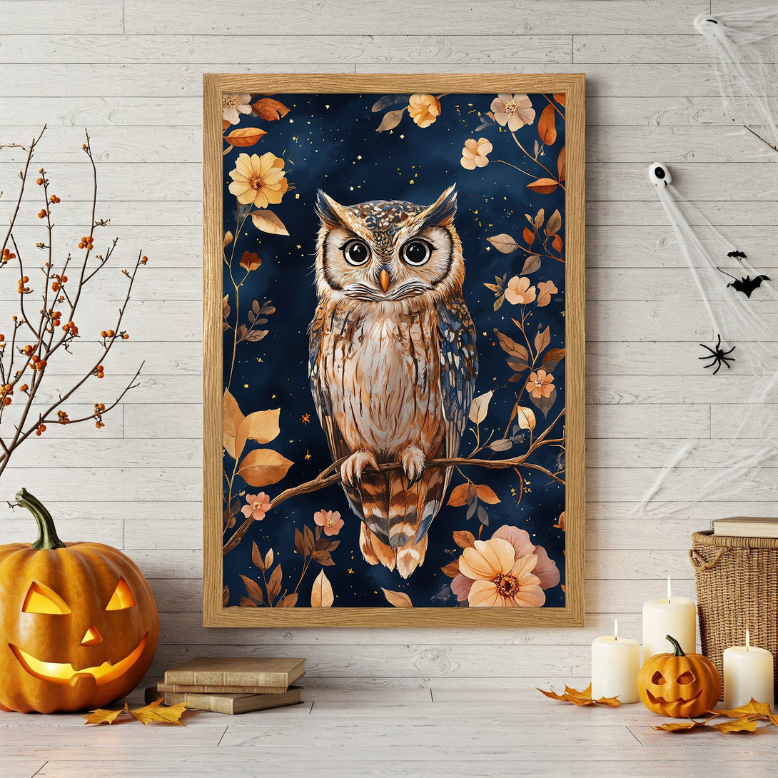 Framed Poster featuring a whimsical owl illustration in a dark blue and gold color palette, perfect for Halloween decor.