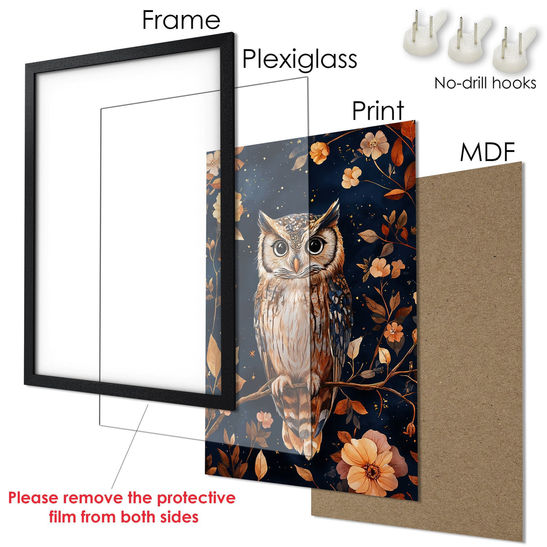 Framed Poster featuring an owl in a botanical style with a navy and warm color palette. Perfect wall art for your home!