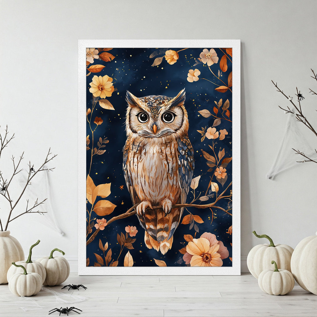 Framed Poster featuring a watercolor owl on a branch, with a dark blue background and warm autumnal color palette. Perfect wall art!
