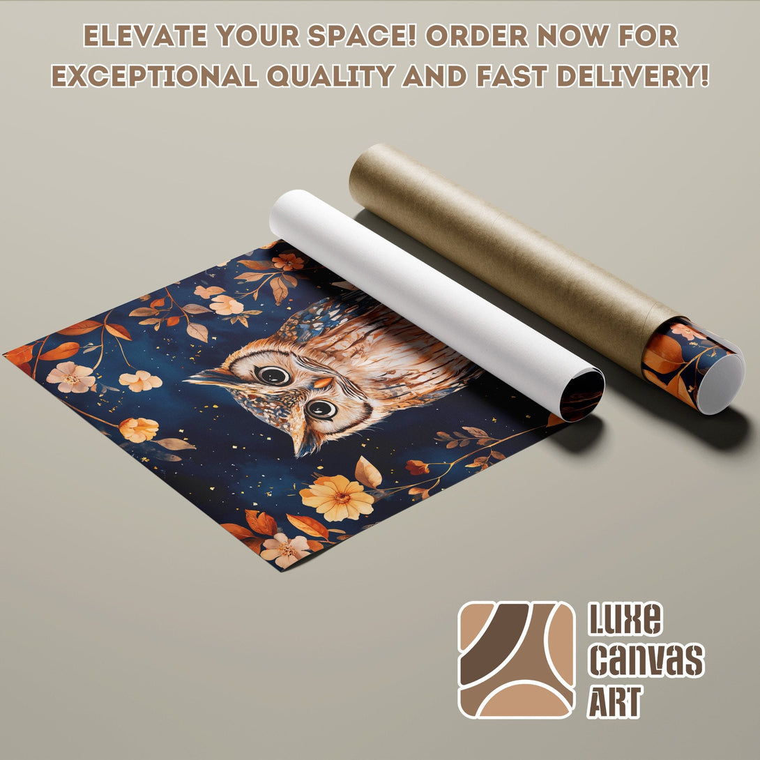 Owl Poster Roll with floral design, rich blue and gold palette. Elevate your space!