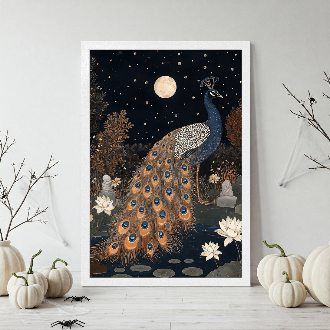 Framed Poster featuring a peacock in a serene, dark-toned style with a blue, gold, and black color palette. Perfect wall art!