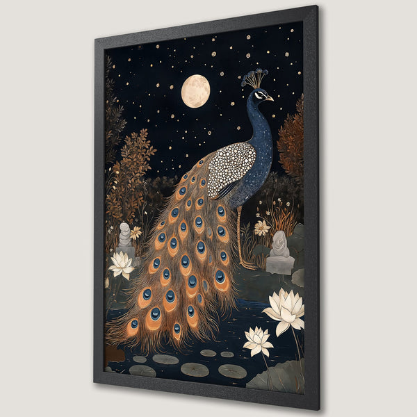 Framed Poster featuring a peacock in a serene night scene with a dark blue and gold color palette. Elegant art print for home decor.