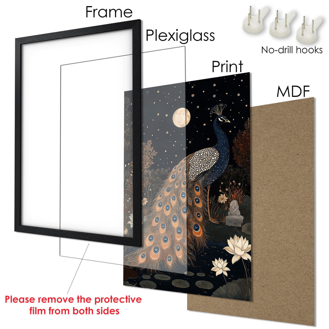 Framed Poster featuring a peacock in a moonlit scene. Elegant style with a dark, moody color palette. Perfect wall art!