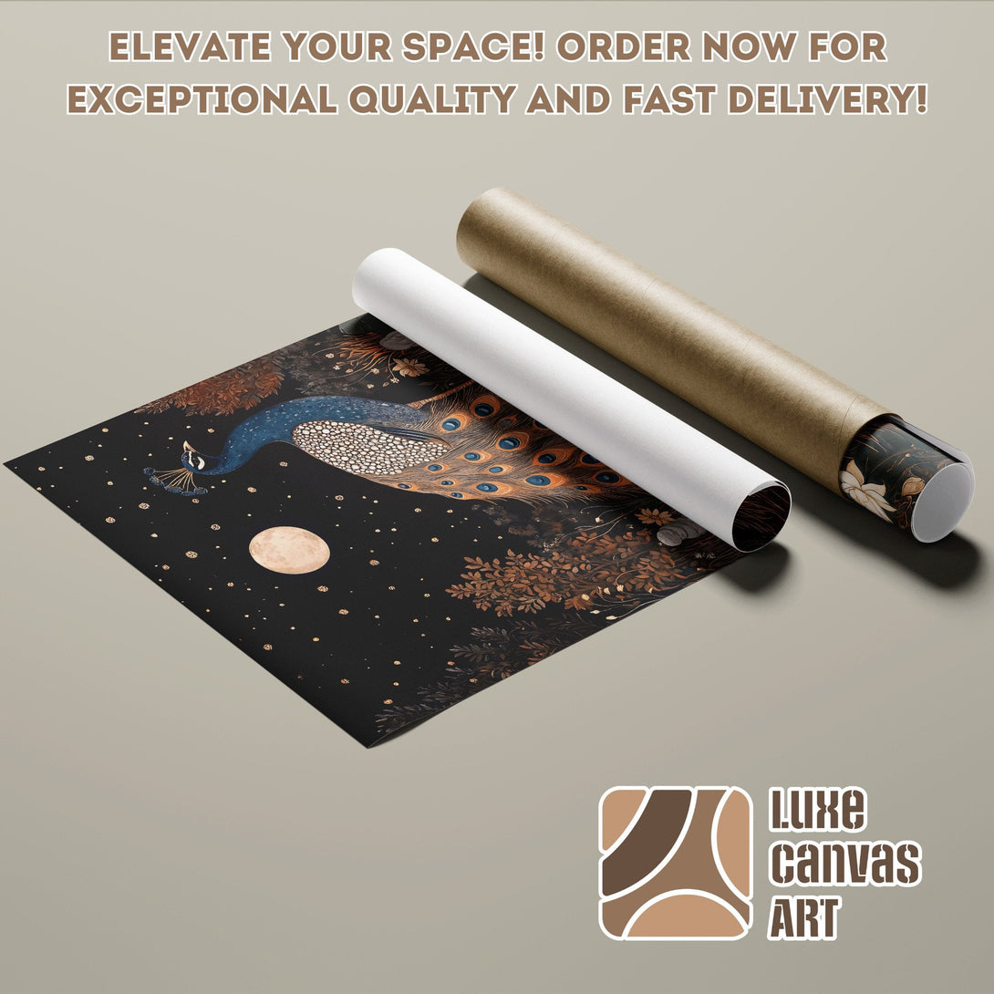 Peacock art poster roll, dark and gold color palette, elegant design for home decor.
