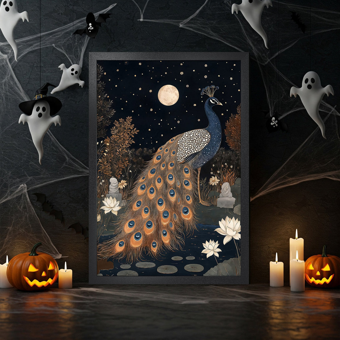 Framed Poster featuring a peacock in a mystical night scene, with a dark blue and gold color palette. Perfect Halloween decor!