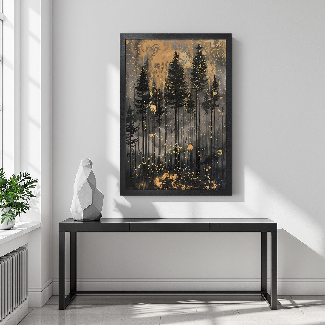 Framed Poster featuring a forest scene in black, gray, and gold. Add a touch of nature-inspired art to your home with this stunning poster.