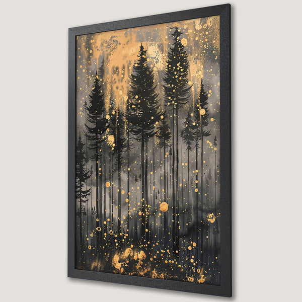 Framed Poster featuring a black forest silhouette with gold accents, modern art style, and a dark, moody color palette.