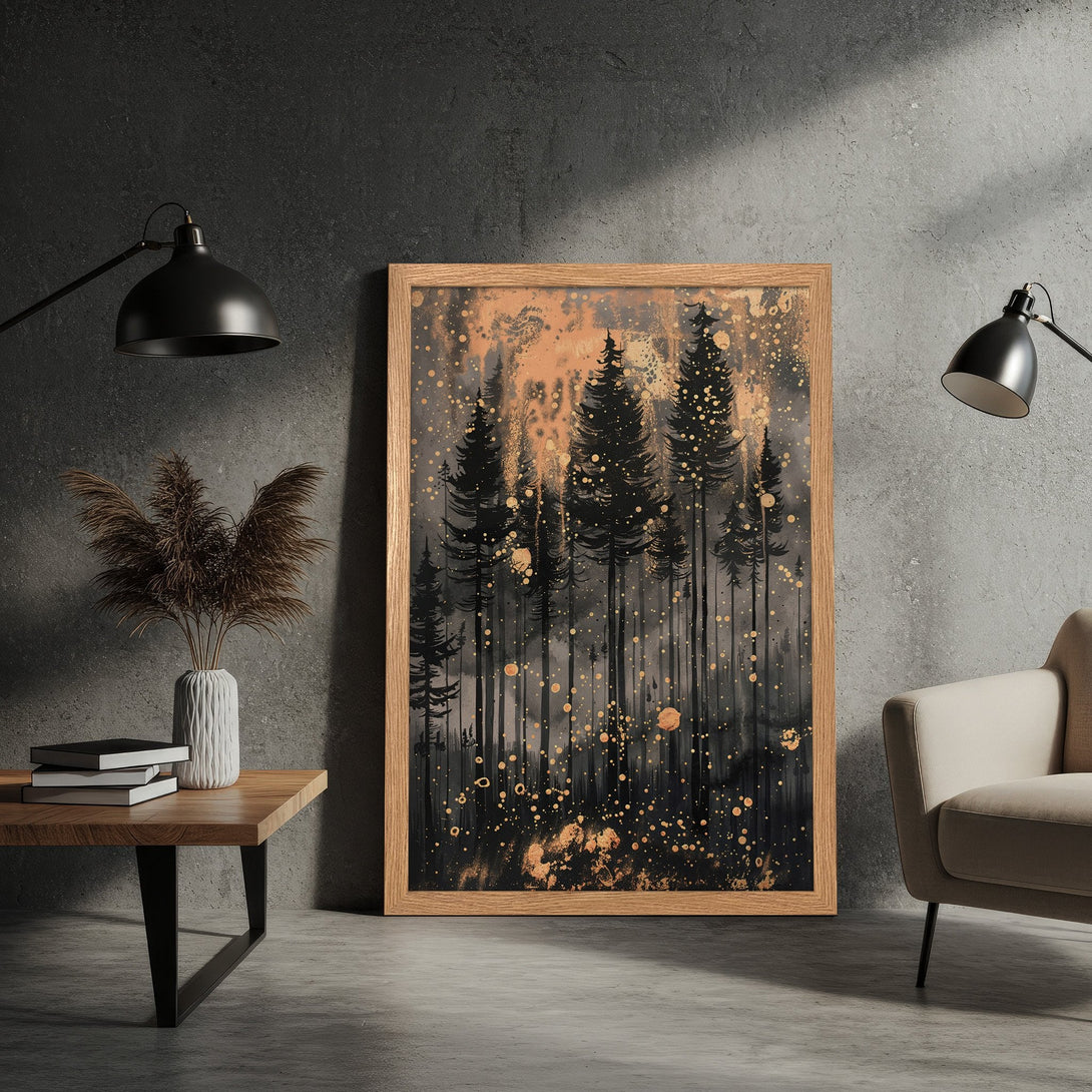 Framed Poster featuring a forest scene in a modern style with a black, gold, and gray color palette. Perfect for home decor!