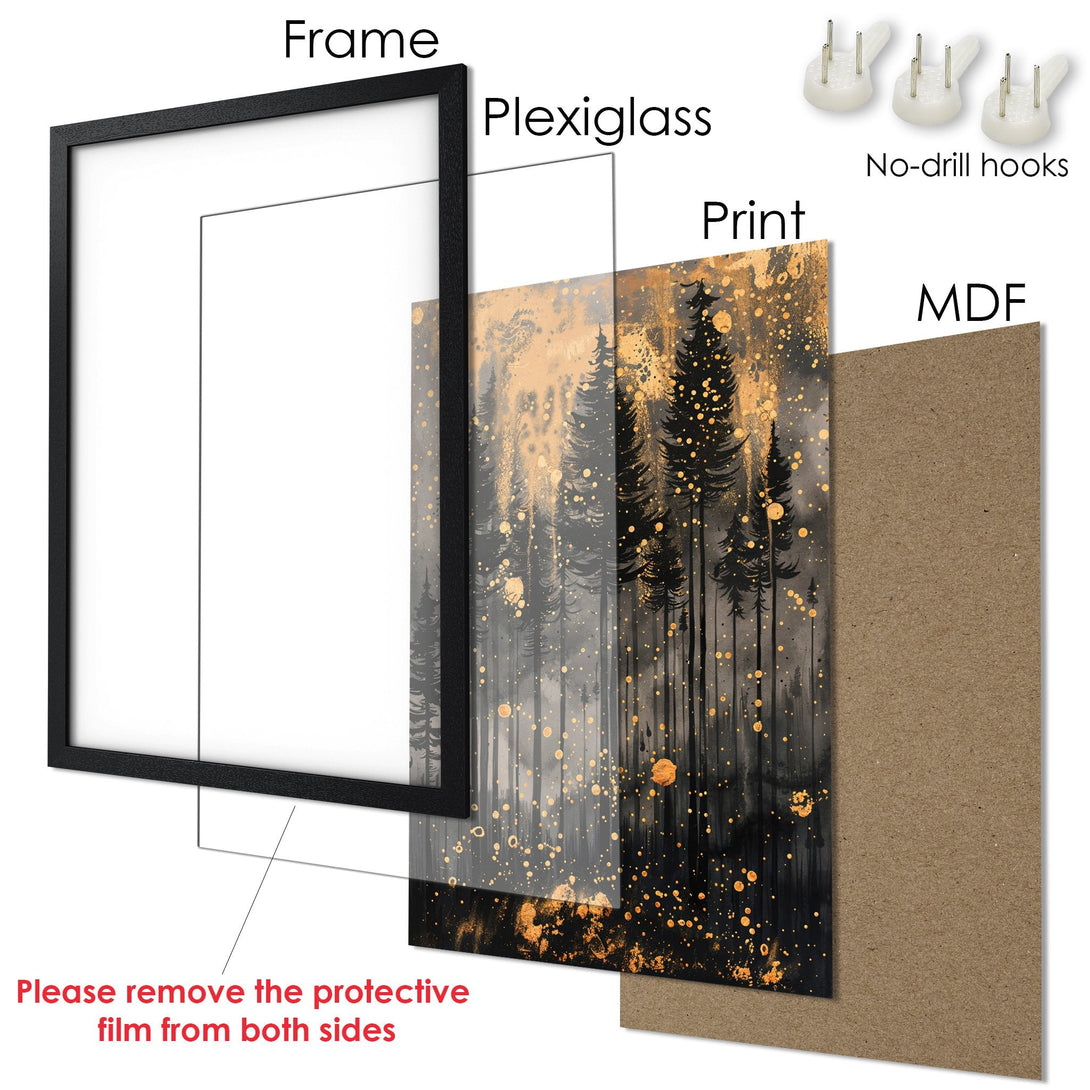 Framed Poster featuring a forest scene in black, gold, and gray. Modern art style, perfect for home decor.