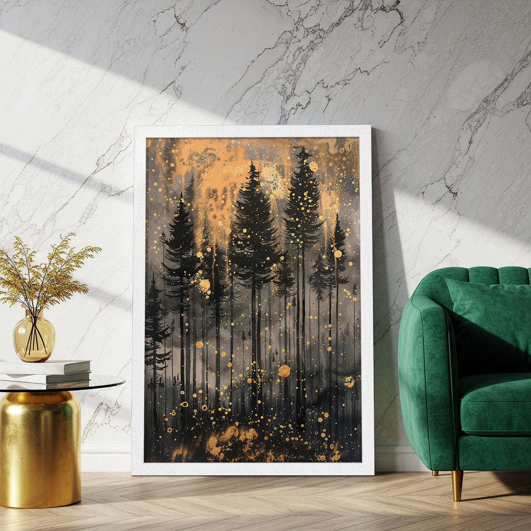 Framed Poster featuring a stylized forest scene in black, gold, and gray. Add a touch of nature to your home decor!