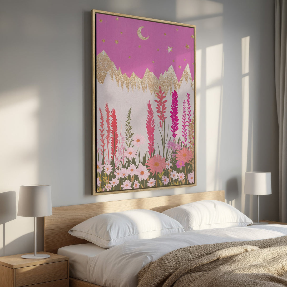 Framed Wall Art featuring a whimsical floral landscape with pink, gold, and white tones, perfect for adding a touch of art to your bedroom decor.