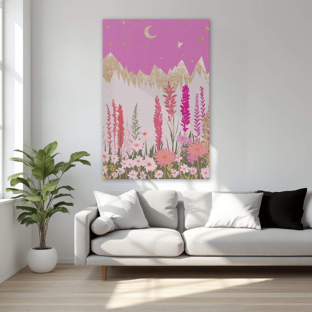 Framed Wall Art featuring a whimsical floral landscape with pink, gold, and white hues. Perfect for adding a touch of elegance to any bedroom.
