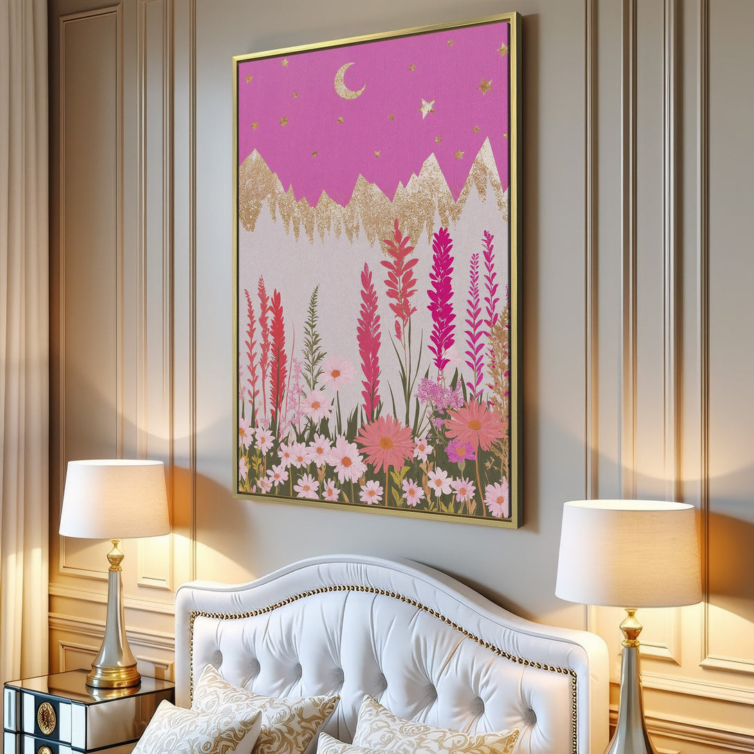 Canvas Print featuring a whimsical floral landscape with pink, gold, and green hues. Bohemian style wall art adds a touch of magic to any space.