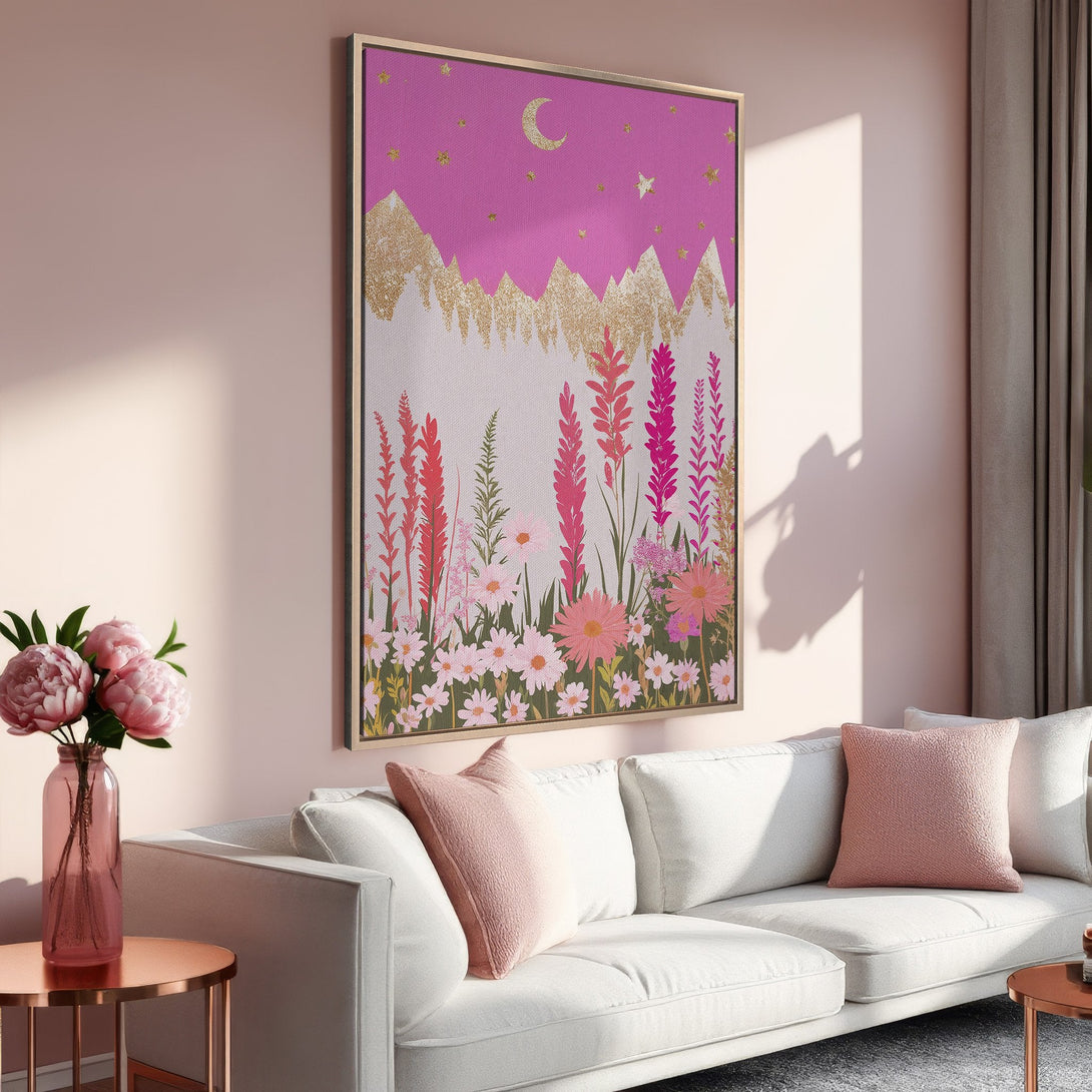 Framed Wall Art: Floral landscape canvas print in pink, gold, and white. Modern art for home decor. Adds a touch of elegance to any room.