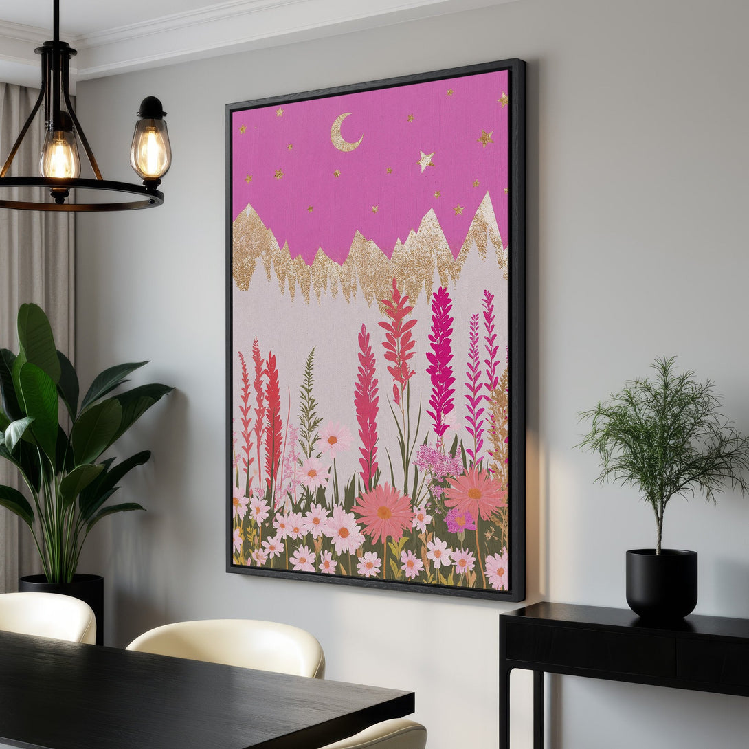 Framed Wall Art featuring a whimsical floral landscape with pink and gold accents. Perfect for adding a touch of art and color to your home decor.