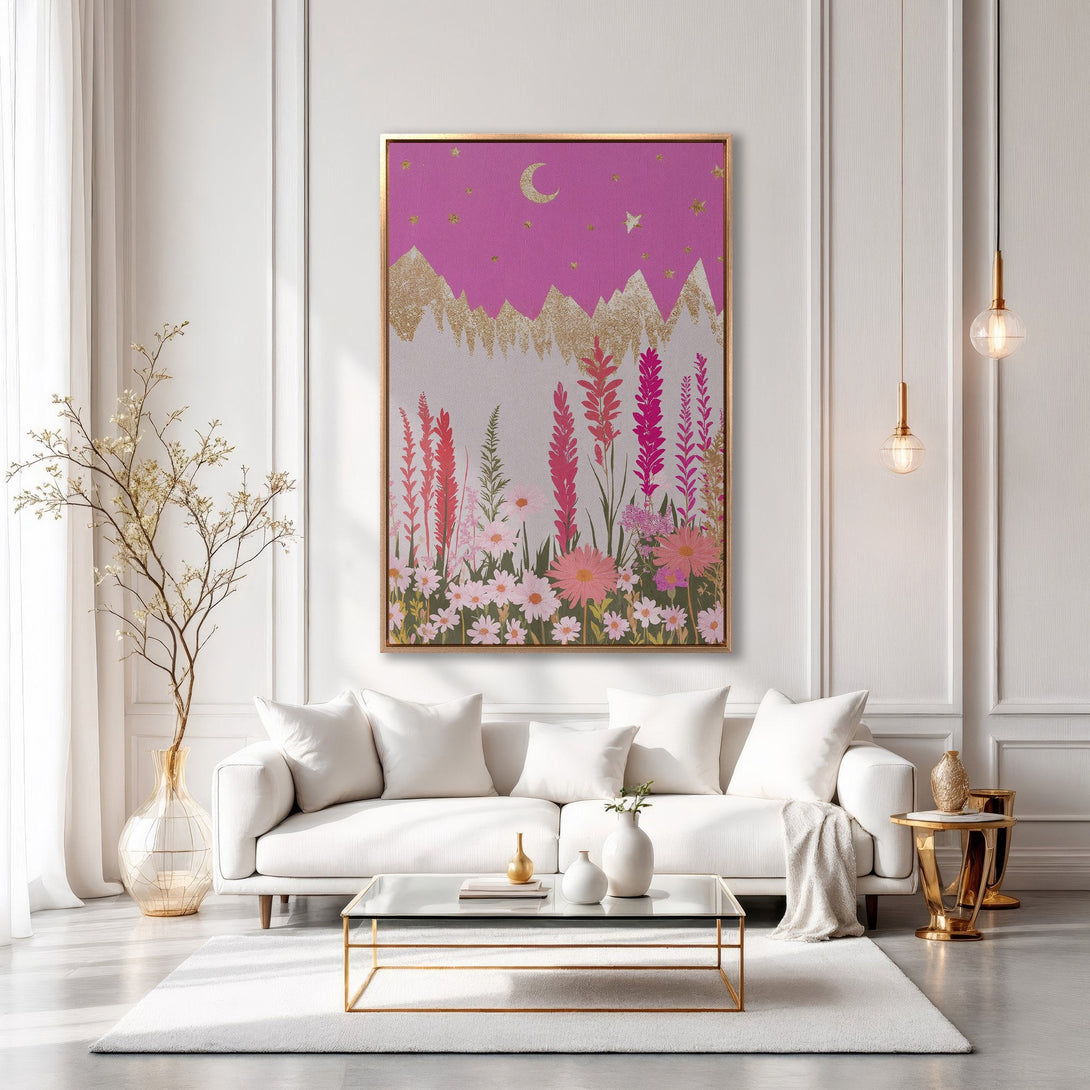 Framed Wall Art: Whimsical floral landscape in pink and gold tones. Modern art for a stylish living room. Add a touch of elegance to your space!