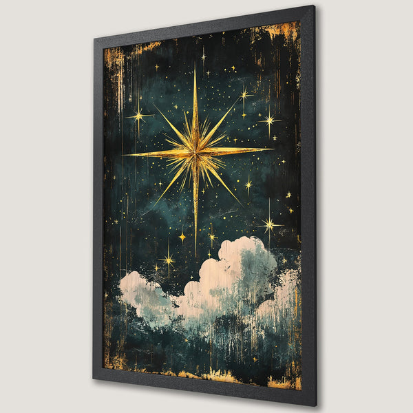 Framed Poster featuring a celestial star design in gold and teal, perfect wall art for any space.