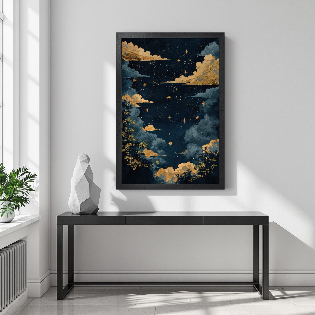 Framed Poster featuring a dreamy night sky with gold clouds and stars. Perfect wall art for any room. Dark blue and gold color palette.