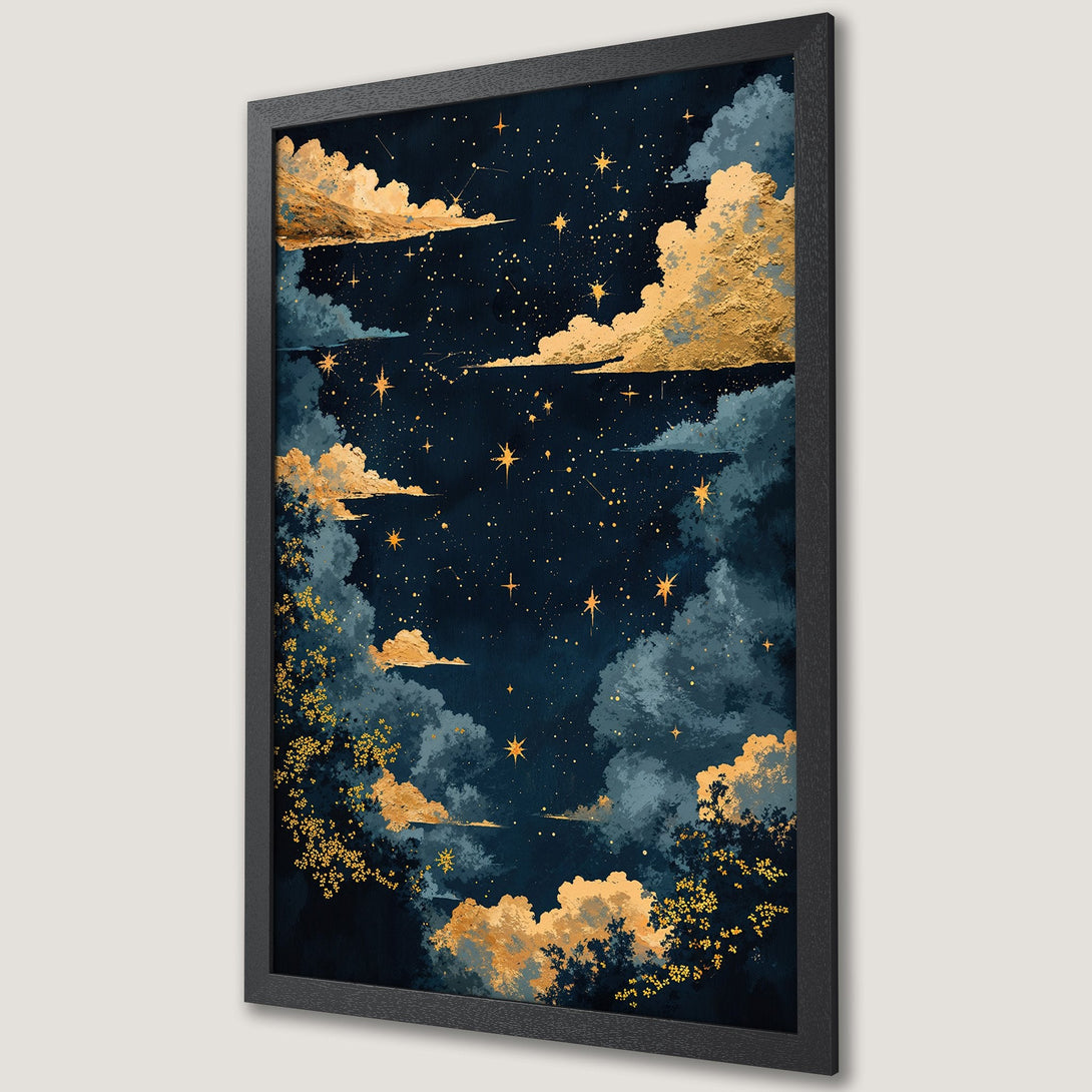 Framed Poster featuring a dreamy night sky with gold accents. Dark blue and gold color palette, perfect for celestial decor.