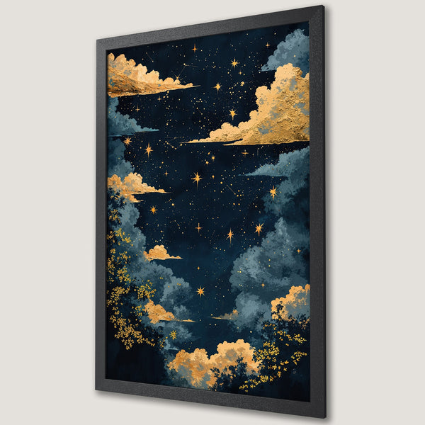 Framed Poster featuring a dreamy night sky with gold accents. Dark blue and gold color palette, perfect for celestial decor.
