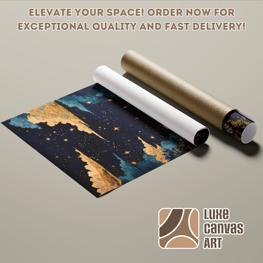 Abstract art Poster Roll with a dark blue, gold, and teal color palette. Elevate your space with this unique art!