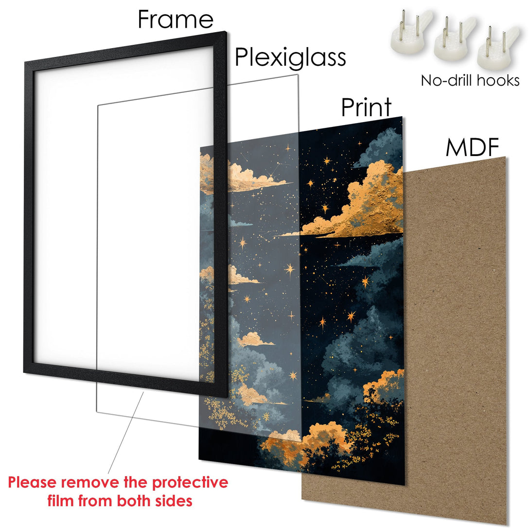 Framed Poster featuring a celestial night sky in a watercolor style, with a dark blue and gold color palette. Perfect wall art!