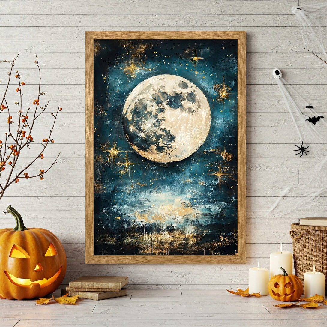 Framed Poster featuring a mystical moon over a dark landscape. Artistic style with a blue and gold color palette, perfect for Halloween decor.