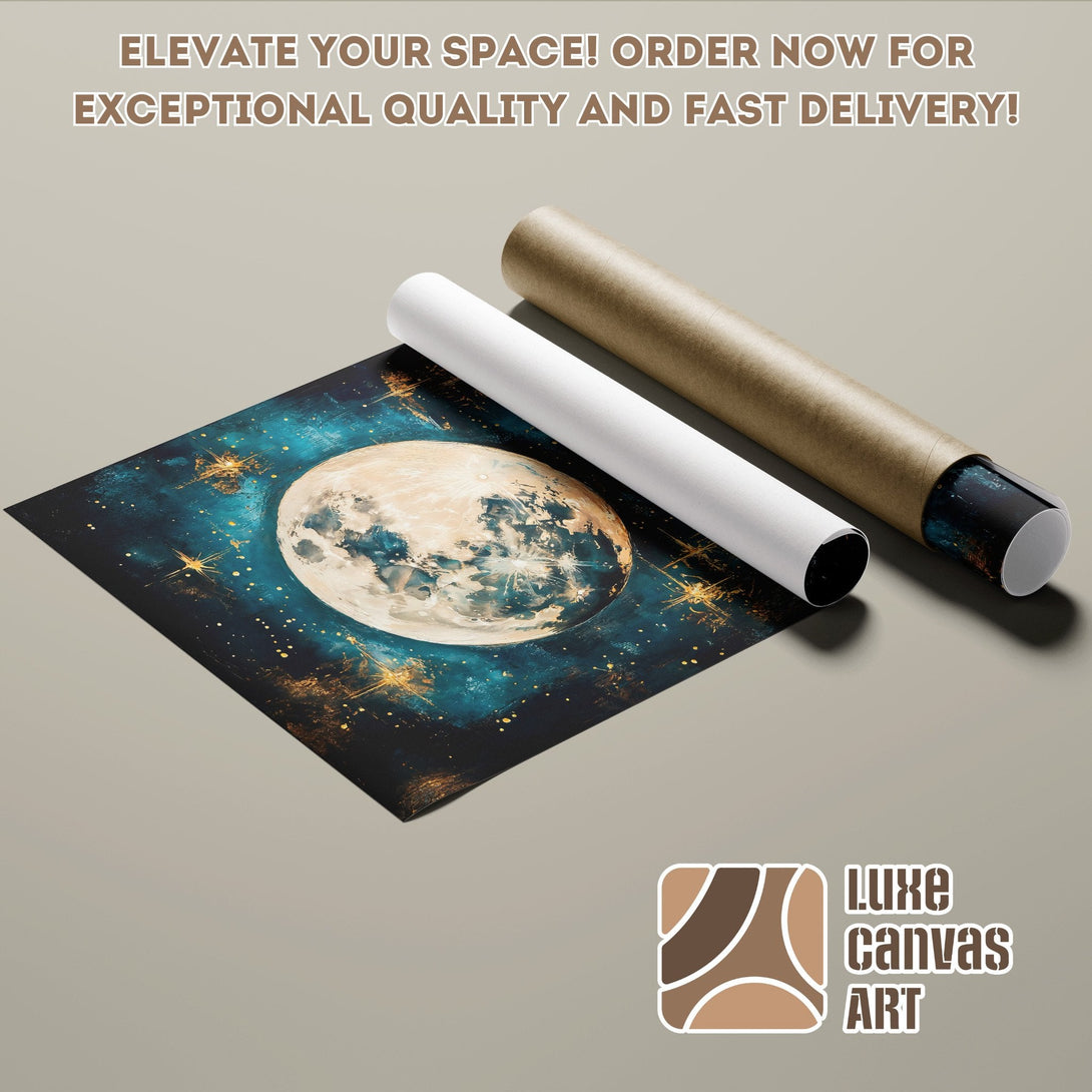 Poster Roll featuring a celestial moon art print in teal, gold, and beige tones. Elevate your space!