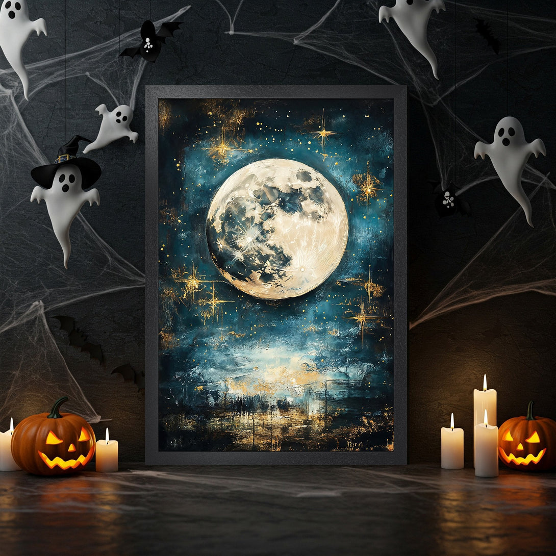 Framed Poster featuring a moonlit night scene, artistic style, with blue, gold, and black color palette. Perfect Halloween decor.