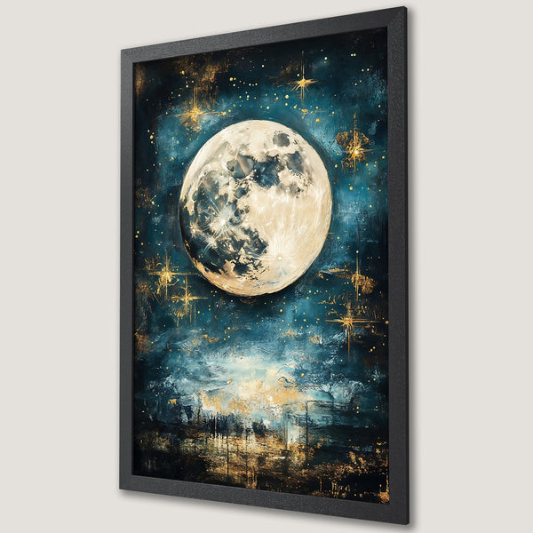 Framed Poster featuring a stunning moonlit night sky. Artistic style with a teal, gold, and white color palette. Add celestial vibes to your space!