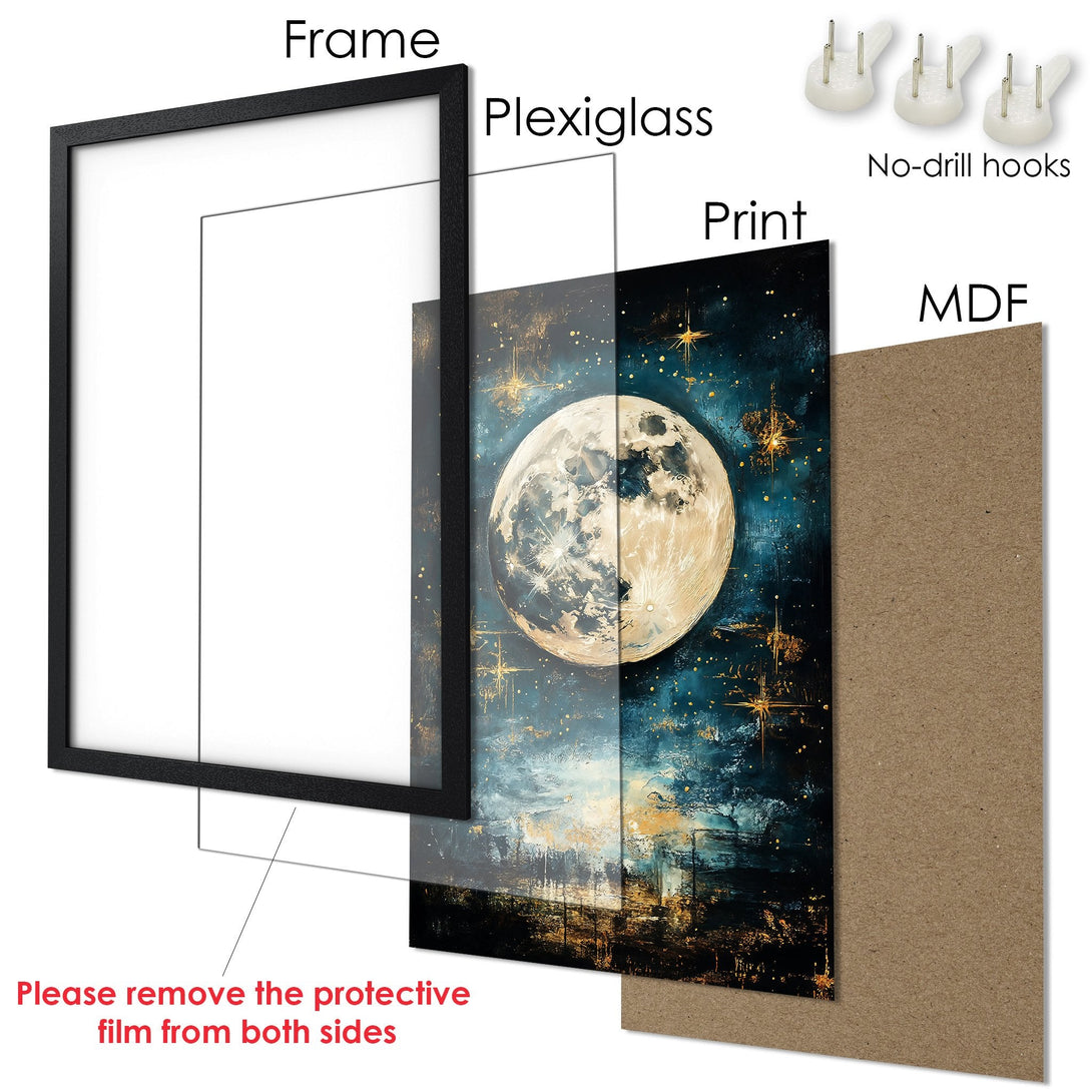 Framed Poster featuring a moonlit night sky art print. Dark blue and gold color palette, perfect for home decor.
