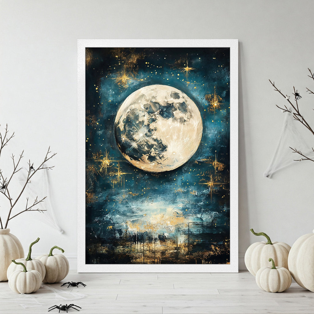 Framed Poster featuring a celestial moon art print in teal, gold & white. Perfect wall decor for a mystical, Halloween vibe.