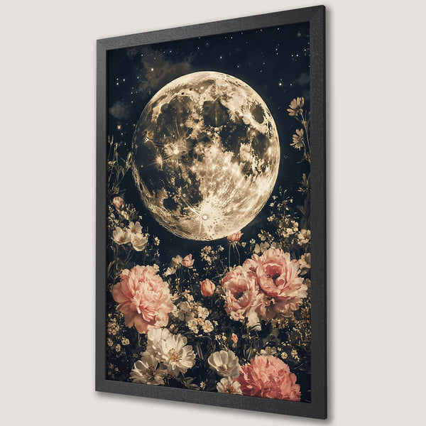 Framed Poster featuring a dreamy moon & floral design in a vintage style, with a soft pink & gold color palette. Perfect wall art!