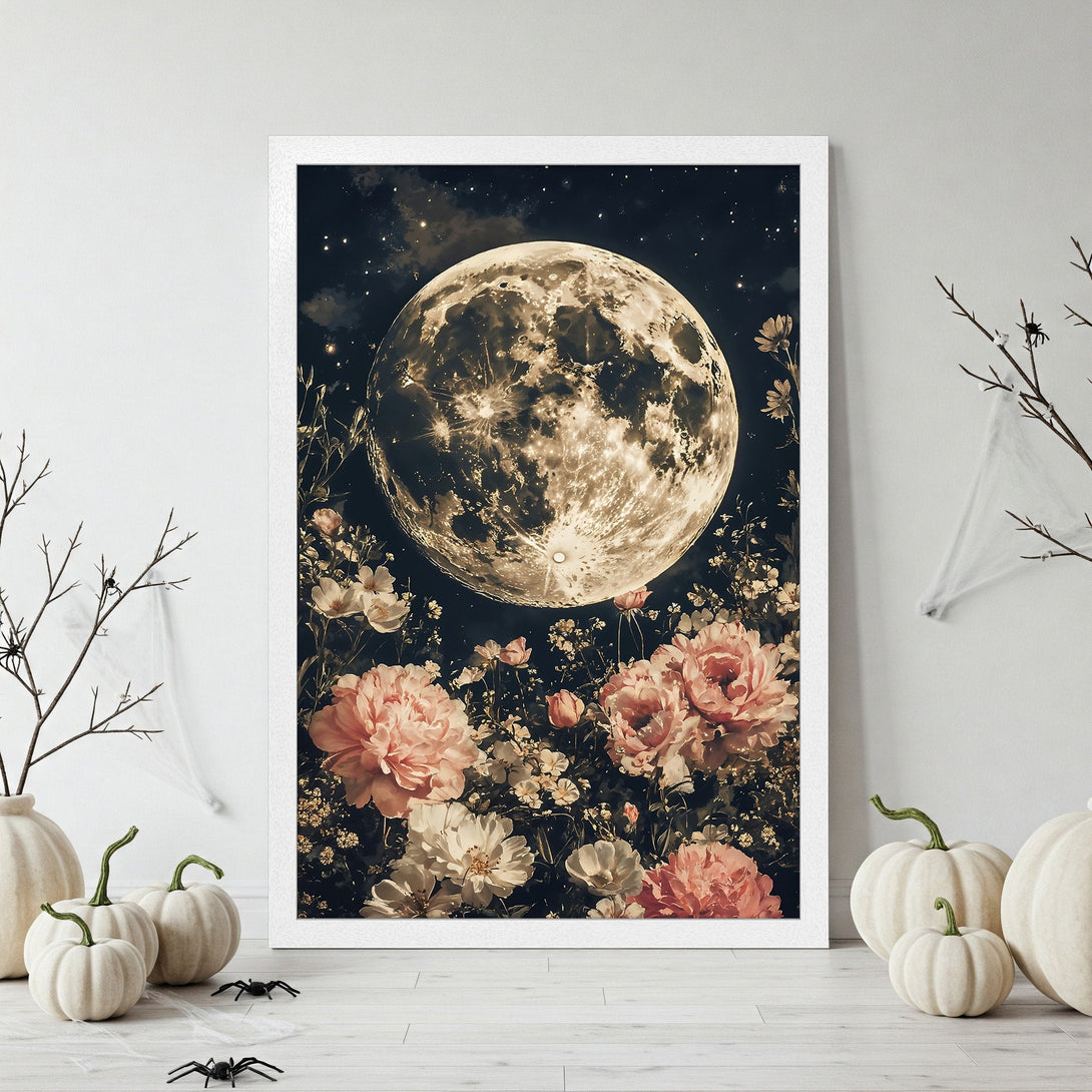 Framed Poster featuring a moonlit floral scene. Vintage style with a dark, moody palette of black, peach, and gold. Perfect wall art!