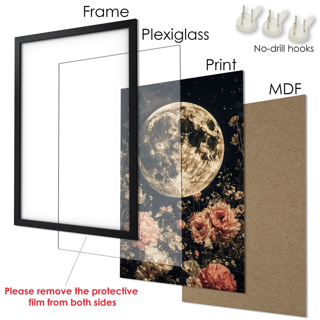 Framed Poster featuring a moon and floral design in a vintage style, with a dark, warm color palette. Perfect wall art!