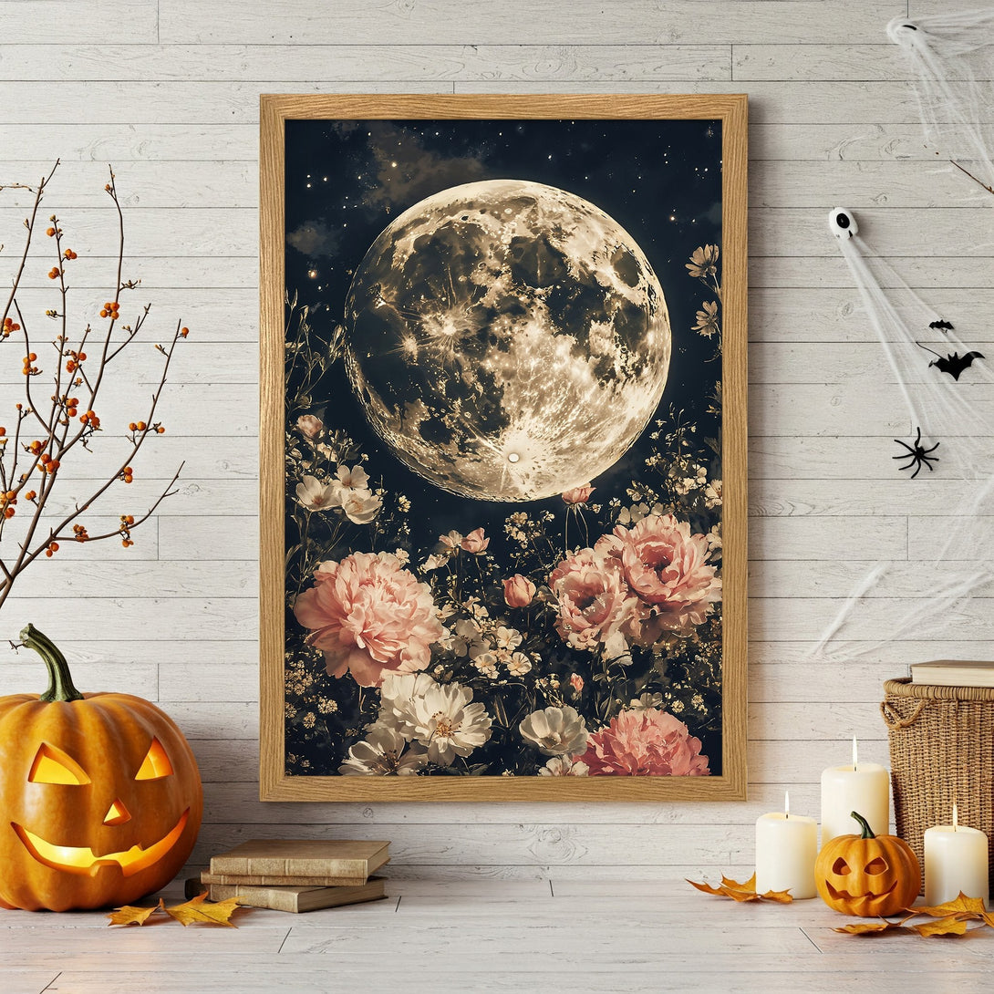 Framed Poster featuring a vintage-style moon and floral design in a warm, sepia color palette, perfect for Halloween decor.