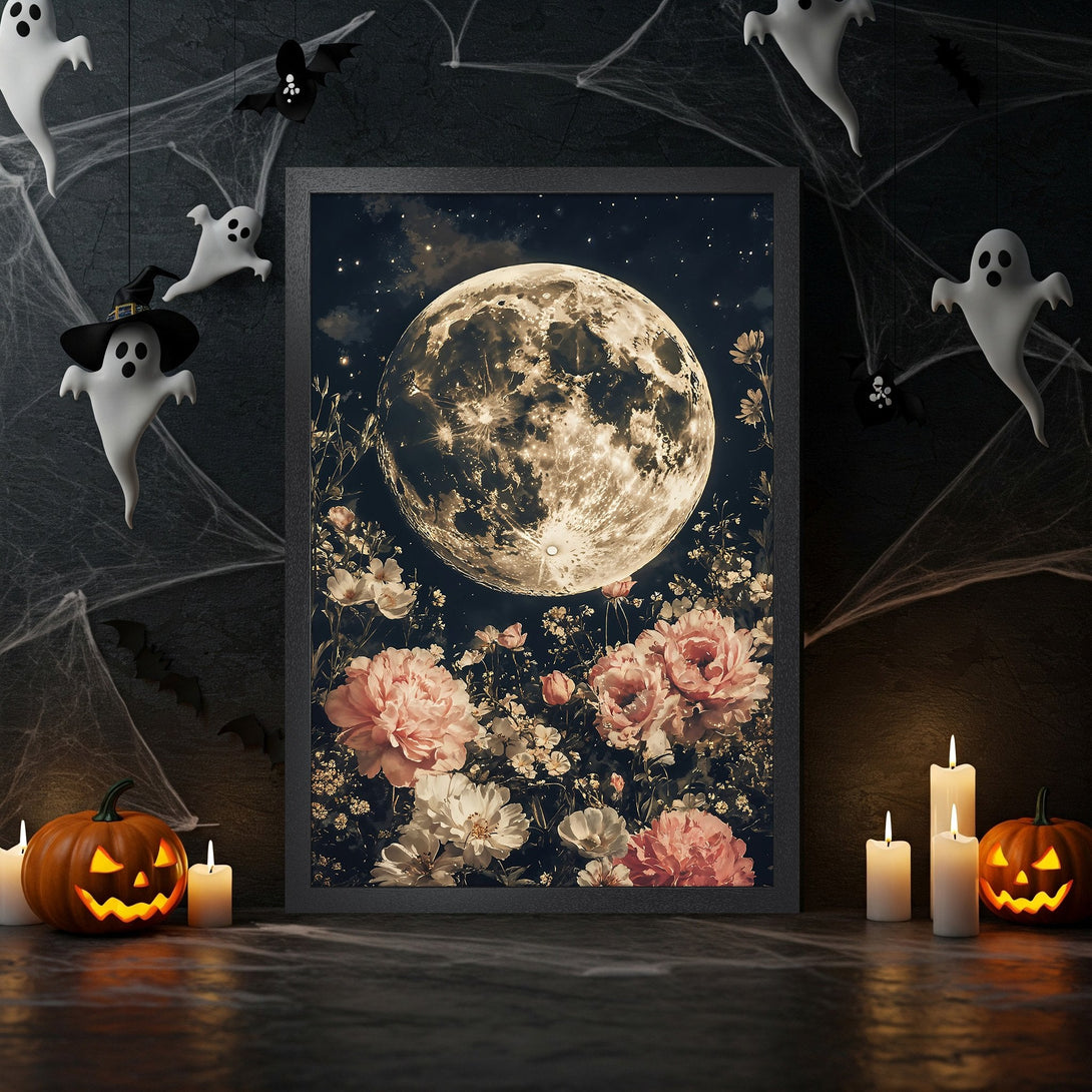 Framed Poster featuring a moon over flowers. Vintage style with a dark, moody color palette. Halloween decor.